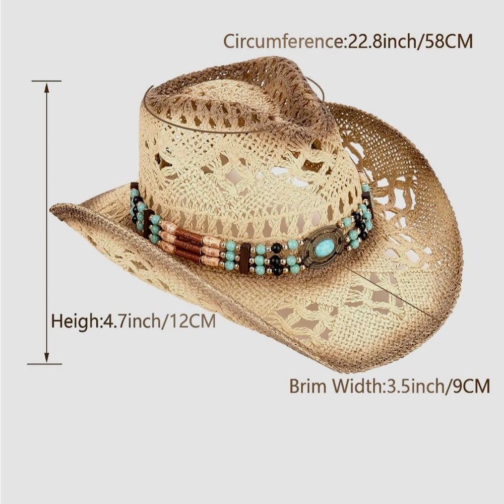 Natural Straw Cowboy Hat with Turquoise Bead Band - Picture 3 of 3